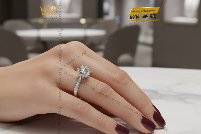 Nhẫn nữ vàng trắng nguyên khối Au750 đính kim cương