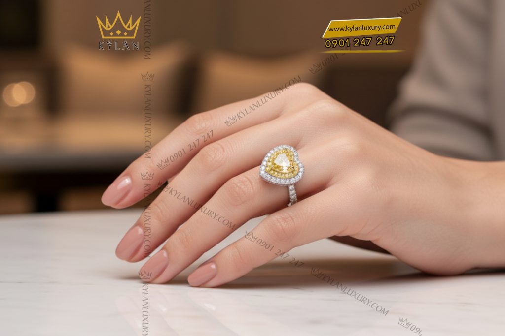 Kỳ Lân Luxury 8 28 Nhẫn vàng trắng nguyên khối Au750 đính đá quý hình trái tim