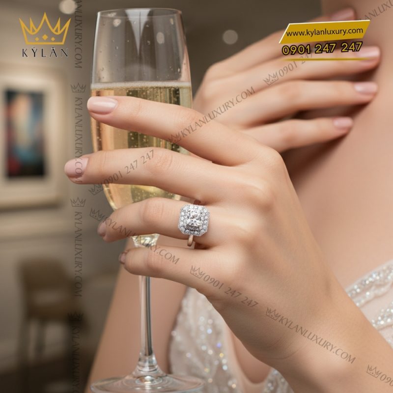 Nhẫn kim cương vàng trắng nguyên khối Au750 