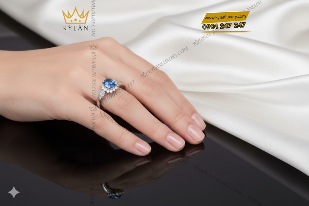 Nhẫn vàng trắng Au750 đính kim cương và đá sapphire xanh