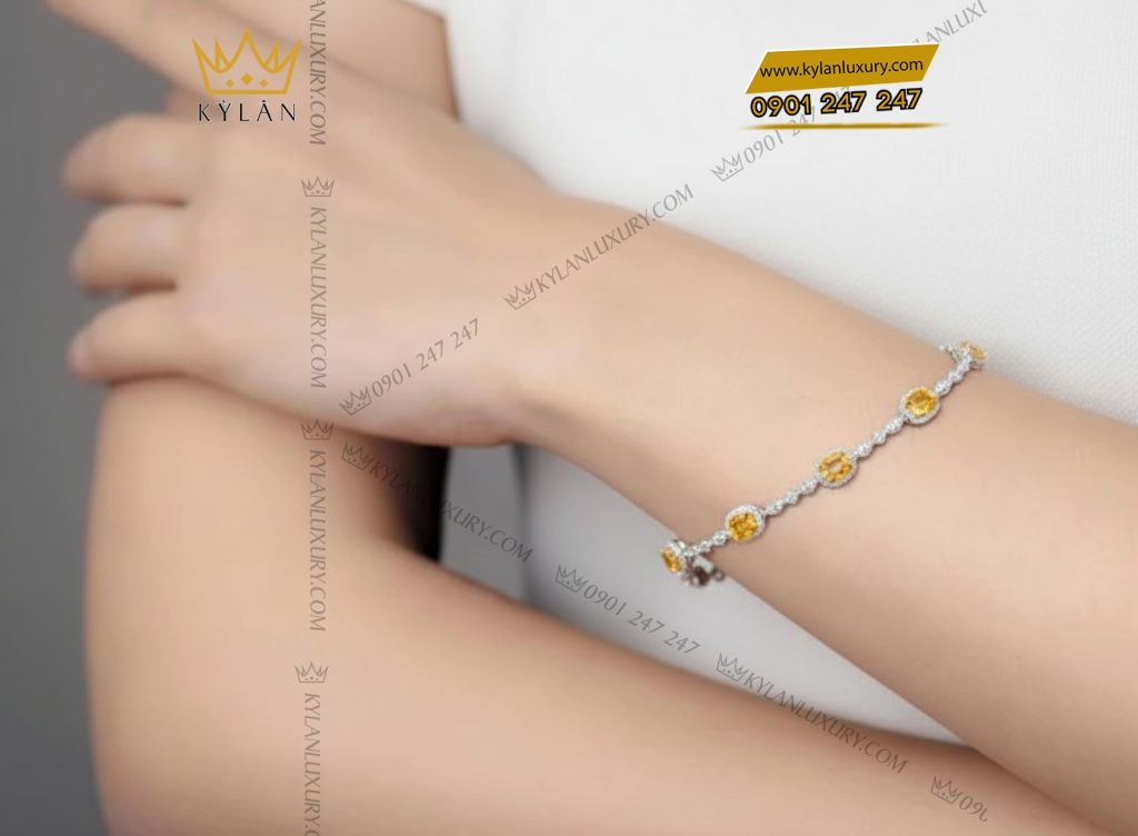 Lắc tay kim cương vàng trắng nguyên khối Au750 đính đá sapphire