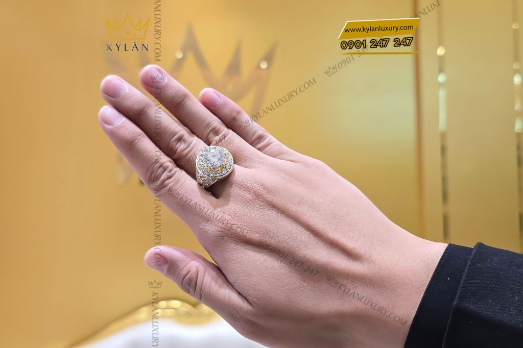 Kỳ Lân Luxury 8 7 Nhẫn nam vàng trắng nguyên khối Au750 đính viên chủ 12ly