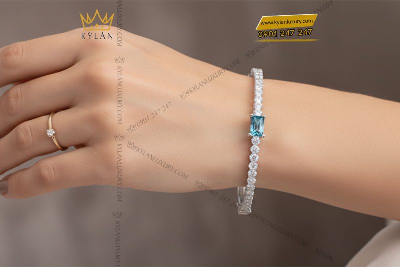 Vòng tay vàng trắng nguyên khối Au750 đính kim cương đá quý