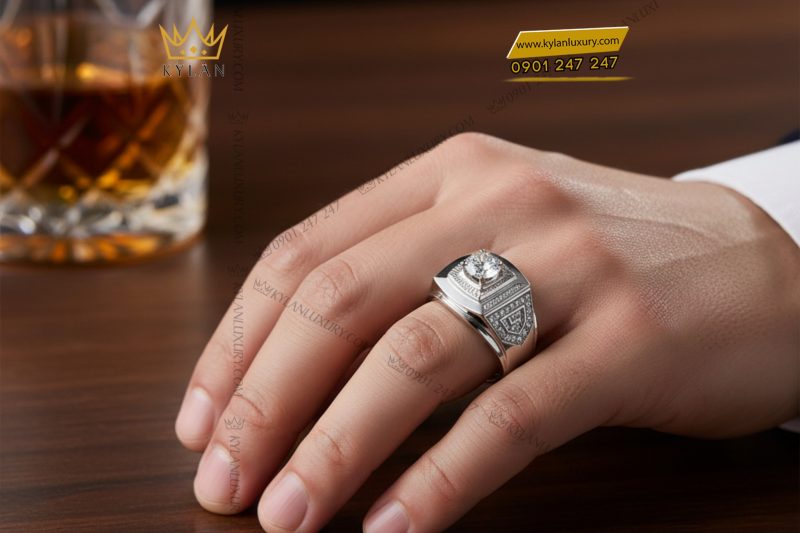 Nhẫn nam vàng trắng nguyên khối Au750 đính kim cương