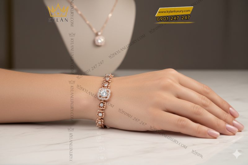 Lắc tay nữ vàng hồng nguyên khối Au750 đính kim cương