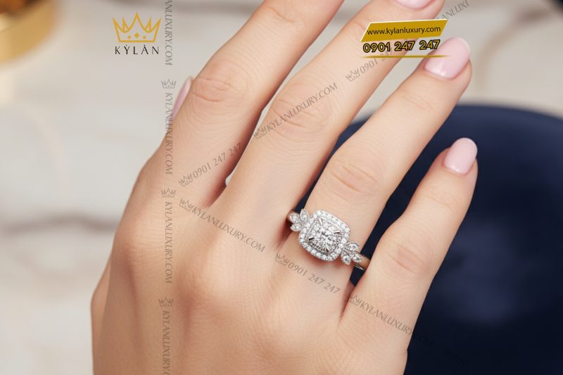Nhẫn kim cương vàng trắng nguyên khối Au750