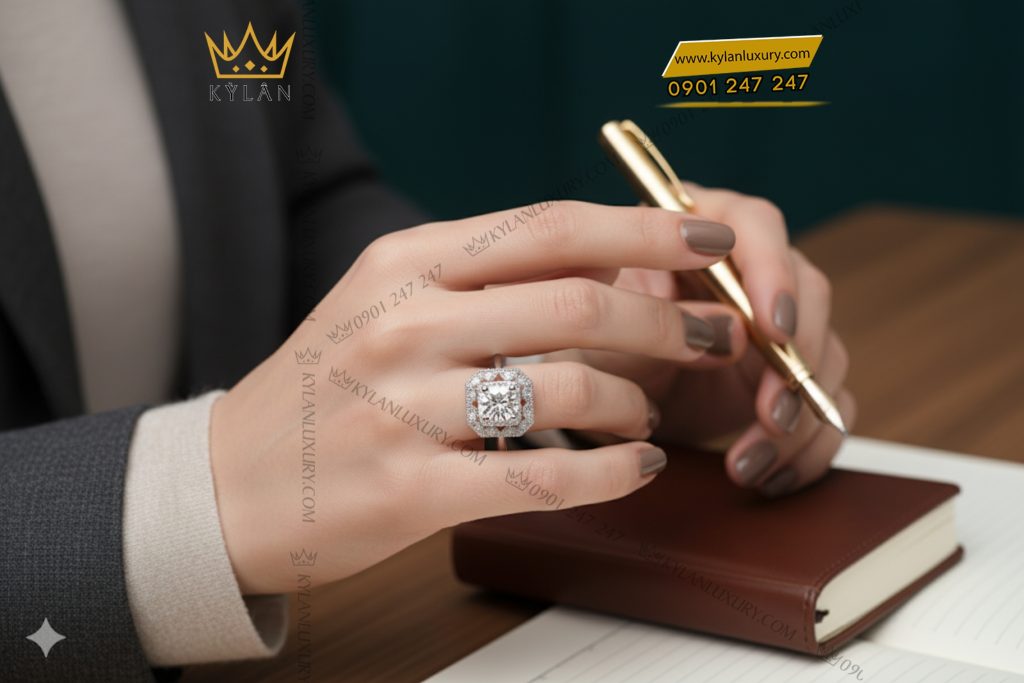 Kỳ Lân Luxury 9 30 Nhẫn kim cương vàng trắng nguyên khối Au750 
