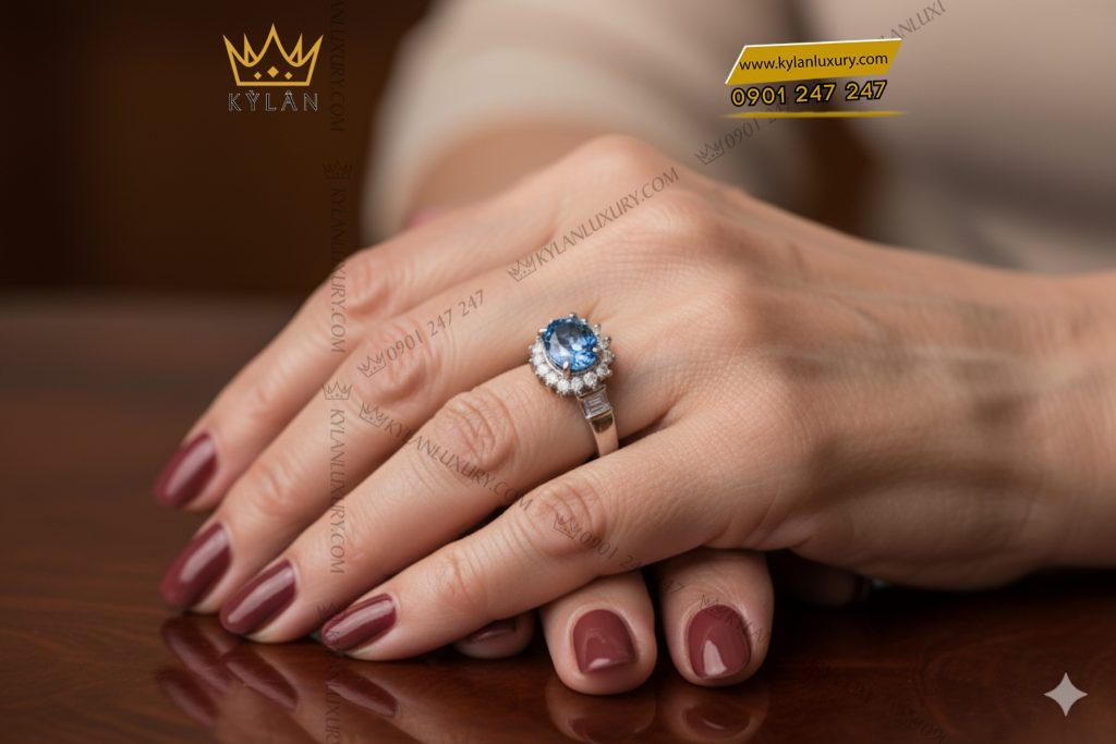 Kỳ Lân Luxury 9 31 Nhẫn vàng trắng Au750 đính kim cương và đá sapphire xanh