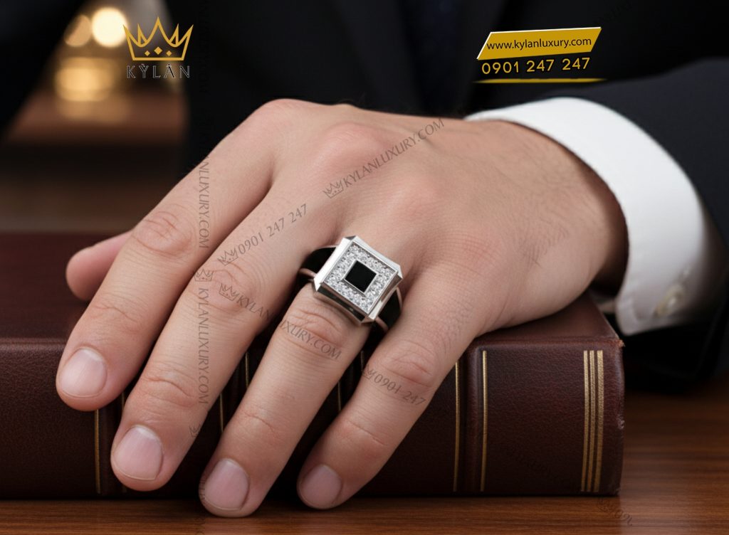 Nhẫn nam kim cương vàng trắng nguyên khối Au750 đính đá quý