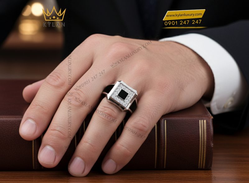Nhẫn nam kim cương vàng trắng nguyên khối Au750 đính đá quý