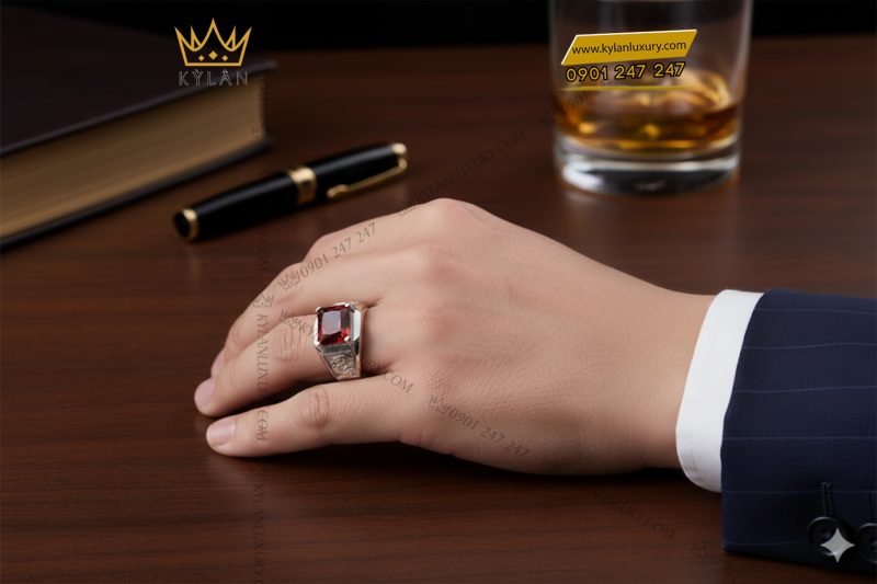 Nhẫn nam vàng trắng nguyên khối Au750 đính đá quý đỏ