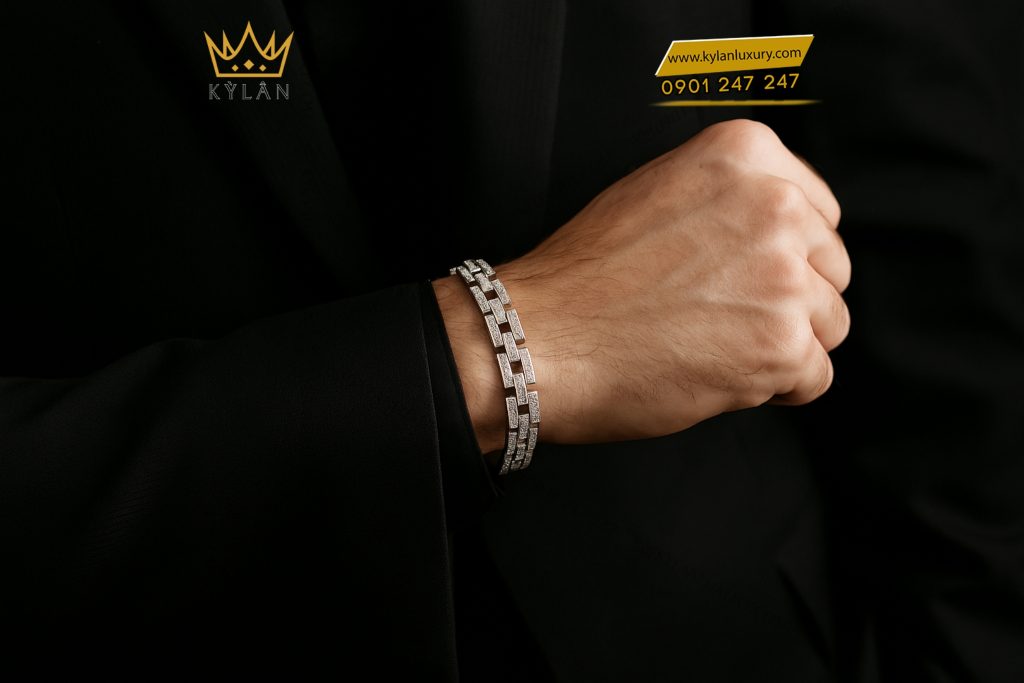 Kỳ Lân Luxury 9 9 Lắc tay nam vàng trắng nguyên khối Au750 đính kim cương