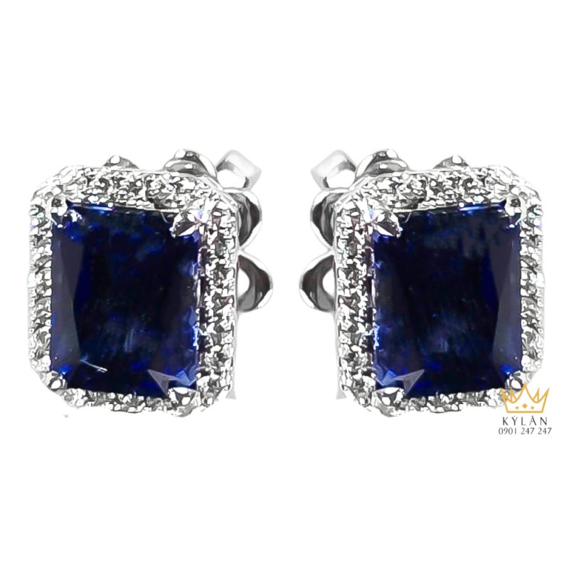 Bông tai kim cương vàng trắng Au750 đính đá Sapphire xanh