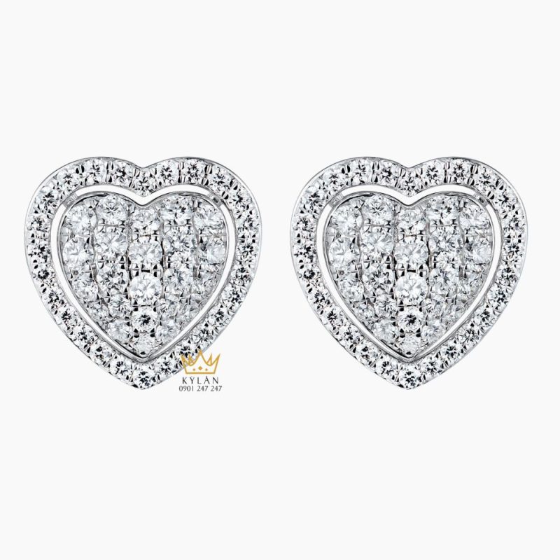 Bông tai vàng trắng nguyên khối Au750 đính kim cương hình trái tim