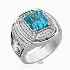 Nhẫn nam vàng trắng nguyên khối Au750 đính kim cương và đá quý