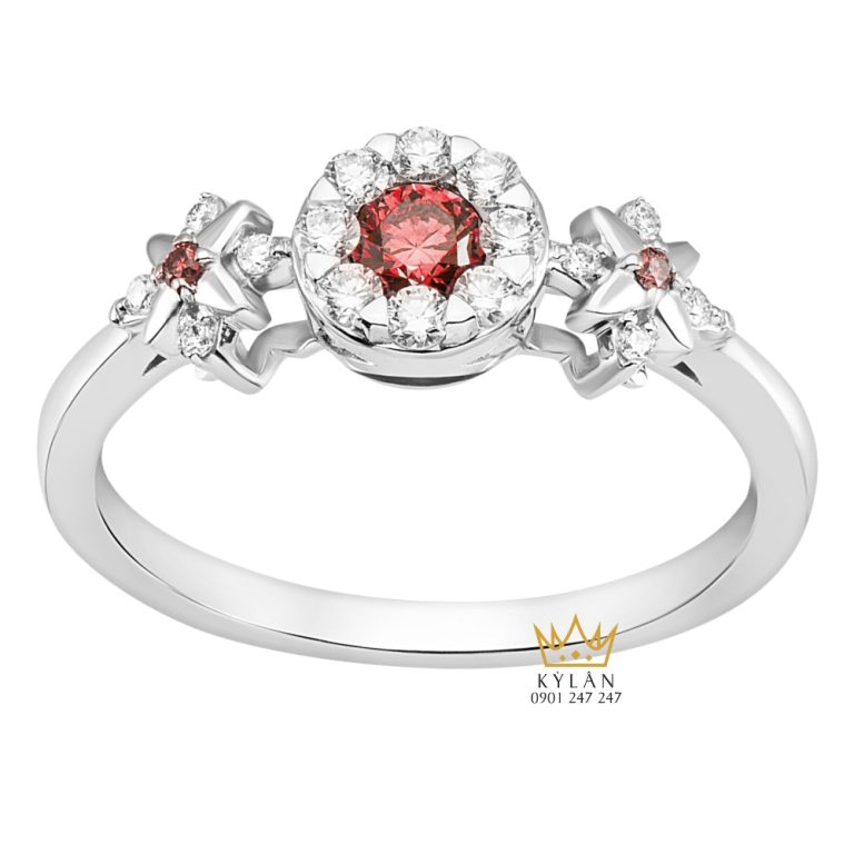 Nhẫn nữ vàng trắng nguyên khối Au750 đính kim cương và đá quý