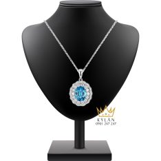Dây chuyền vàng trắng Au750 kim cương và đá Topaz xanh