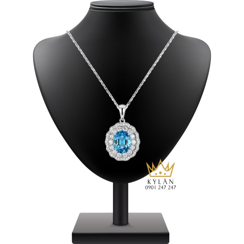 Dây chuyền vàng trắng Au750 kim cương và đá Topaz xanh