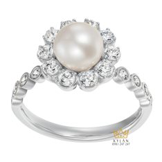 Nhẫn Ngọc Trai vàng trắng Au750 đính kim cương