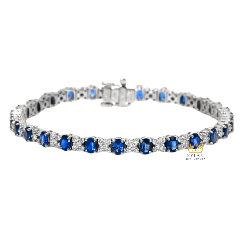 Lắc tay kim cương vàng trắng Au750 đính đá sapphire xanh 