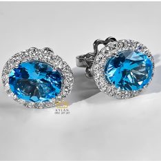 Bông tai kim cương vàng trắng nguyên khối Au750 đính đá Topaz xanh