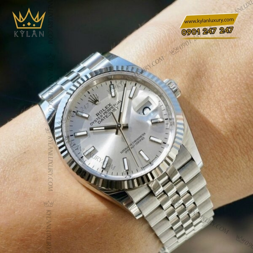 Kỳ Lân Luxury dong ho rolex datejust 36 mat so bac 126234 0013 10 Đồng hồ Rolex Datejust 36 mặt số bạc cọc dạ quang 126234-0013