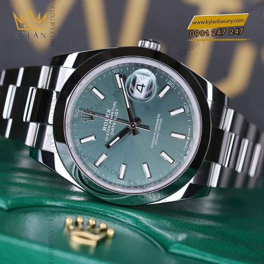 Kỳ Lân Luxury dong ho rolex datejust 41 oystersteel mint green 126300 0019 3 Đồng hồ Rolex Datejust 41 mặt xanh bạc hà 126300-0019