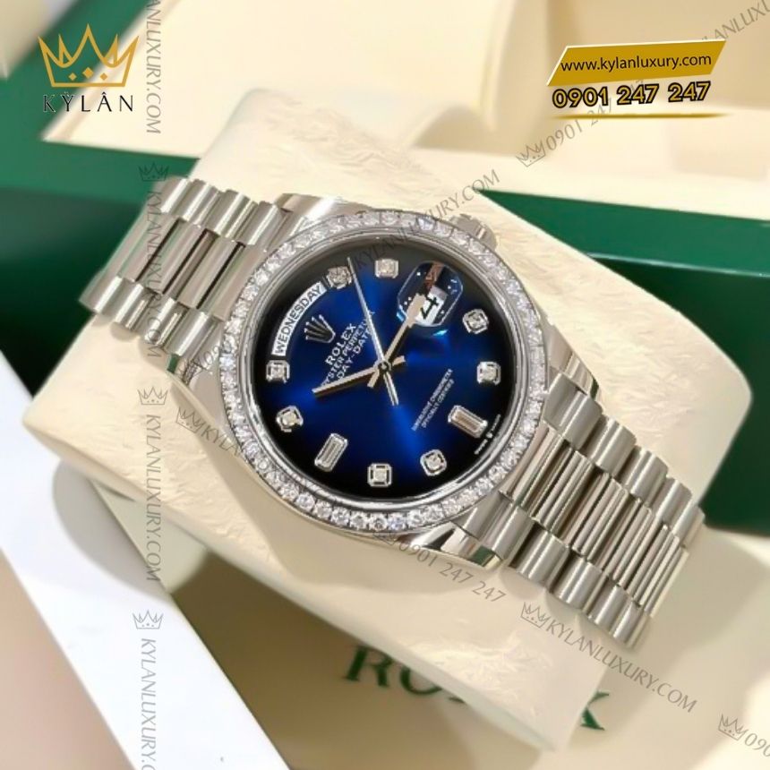 Kỳ Lân Luxury dong ho rolex day date 36 128349rbr 0010 4 Đồng hồ Rolex Day-Date 36 xanh ombré vành kim cương 128349RBR-0010