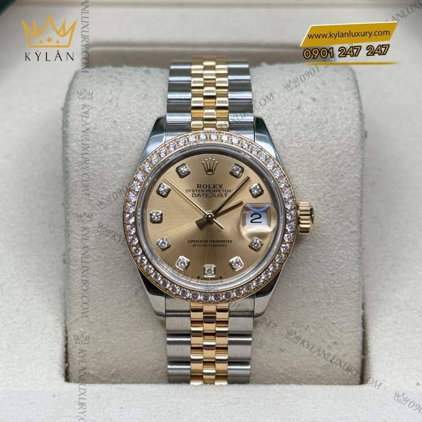 Kỳ Lân Luxury dong ho rolex lady datejust 28 279383 4 Đồng hồ Rolex Lady Datejust champagne vành kim 279383RBR-001