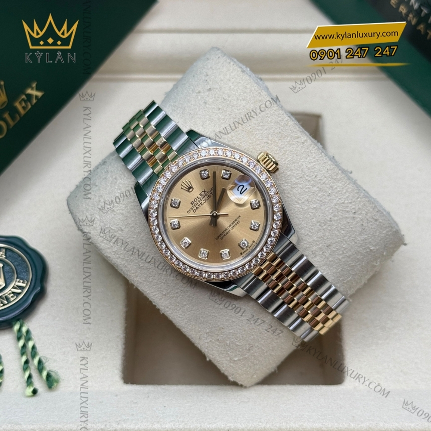 Kỳ Lân Luxury dong ho rolex lady datejust 28 279383 5 Đồng hồ Rolex Lady Datejust champagne vành kim 279383RBR-001