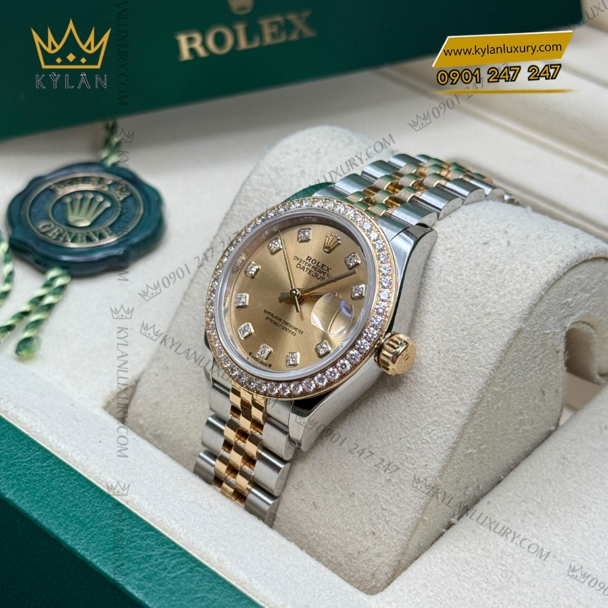 Kỳ Lân Luxury dong ho rolex lady datejust 28 279383 6 Đồng hồ Rolex Lady Datejust champagne vành kim 279383RBR-001