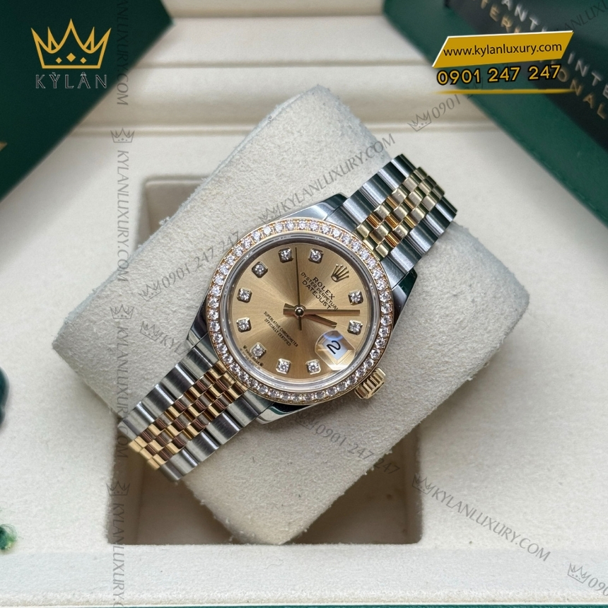 Kỳ Lân Luxury dong ho rolex lady datejust 28 279383 7 Đồng hồ Rolex Lady Datejust champagne vành kim 279383RBR-001