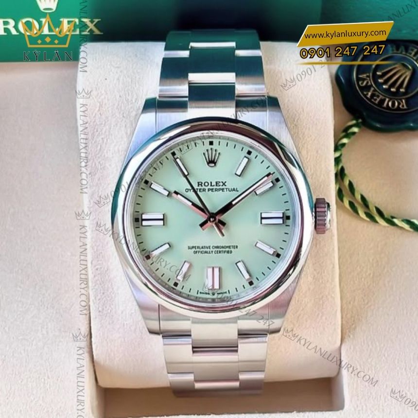 Kỳ Lân Luxury dong ho rolex oyster perpetual 41 m134300 0006 2 Đồng hồ Rolex Oyster Perpetual 41 mặt số xanh Pistachio 134300-0006