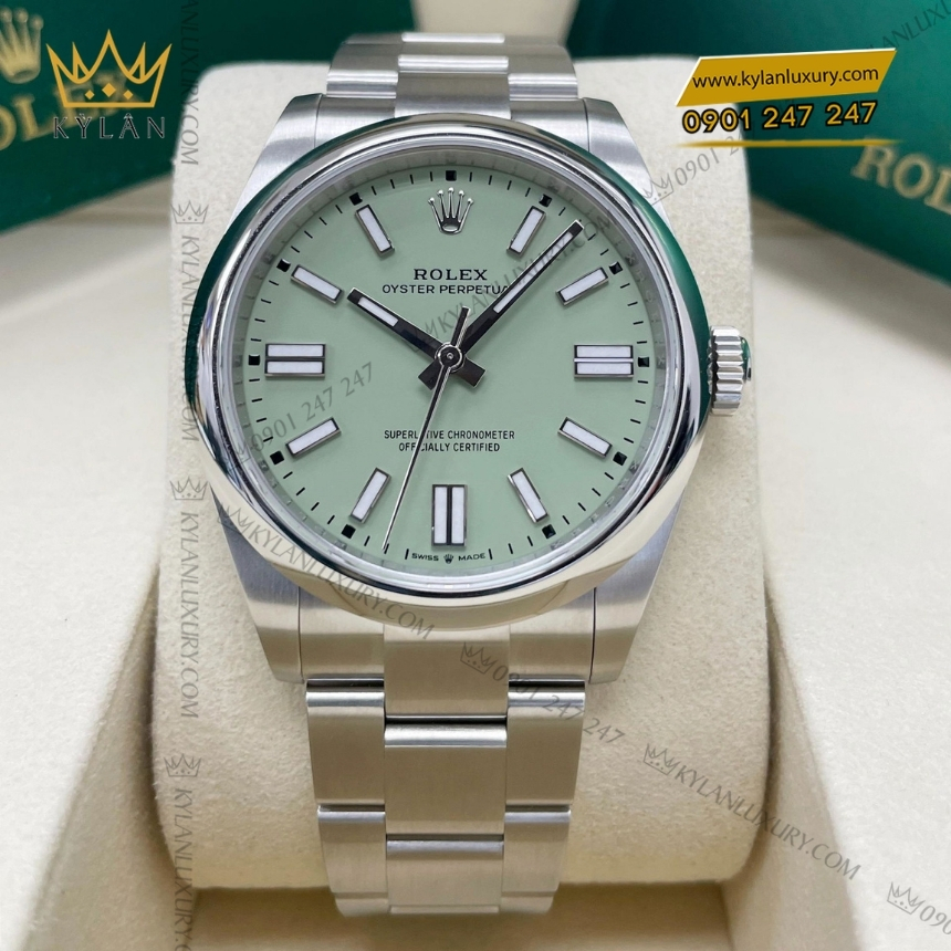 Kỳ Lân Luxury dong ho rolex oyster perpetual 41 mat so xanh pistachio 134300 0006 5 Đồng hồ Rolex Oyster Perpetual 41 mặt số xanh Pistachio 134300-0006