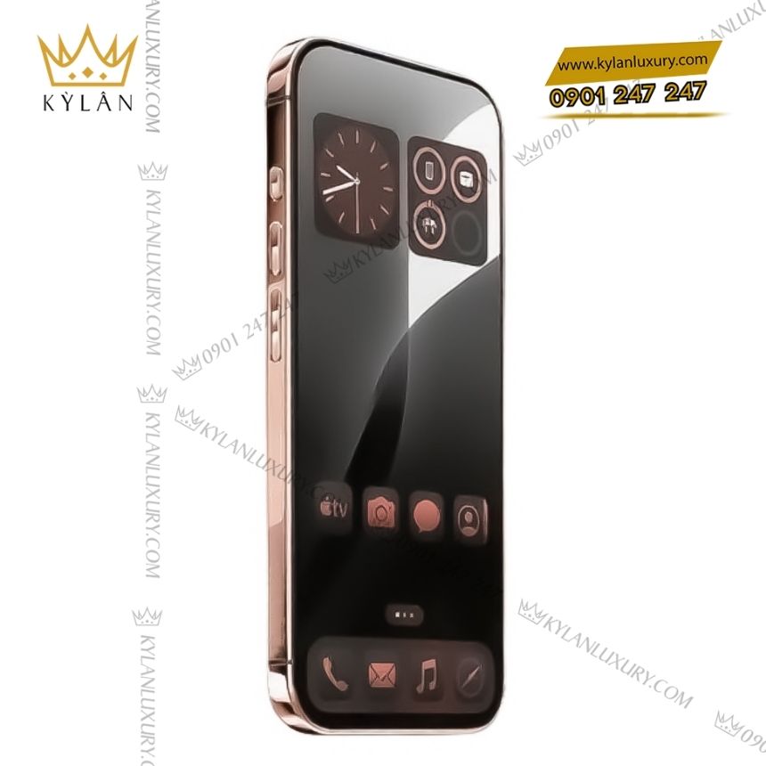Kỳ Lân Luxury iphone 17 pro max vang hong nguyen khoi nam kim cuong vuong mien 3 Điện thoại iPhone 17 Pro Max custom vàng hồng nguyên khối nạm kim cương vương miện