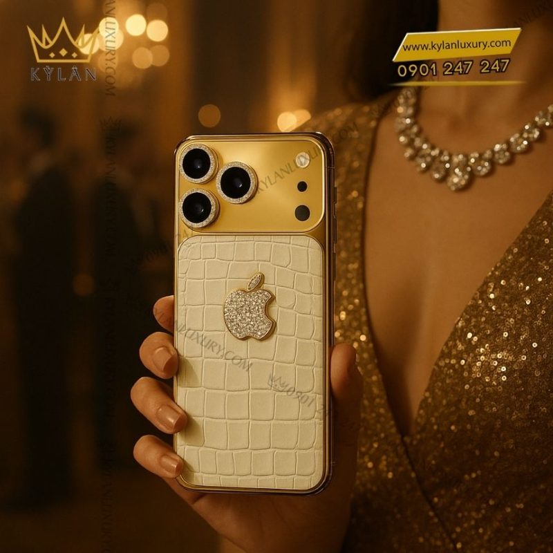 Điện thoại iPhone 17 Pro Max vàng khối - da cá đính kim cương