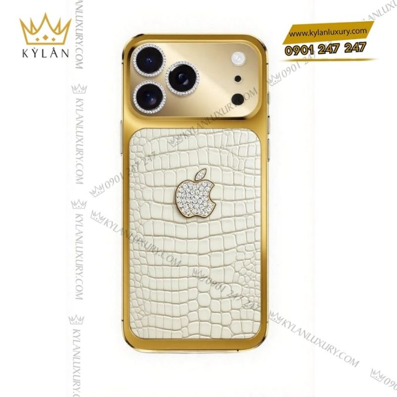 Điện thoại iPhone 17 Pro Max vàng khối - da cá đính kim cương