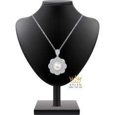 Dây chuyền kim cương vàng trắng nguyên khối Au750 đính ngọc trai 