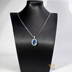 Mặt dây chuyền kim cương vàng trắng nguyên khối Au750 đính đá Topaz xanh