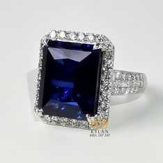 Nhẫn kim cương vàng trắng nguyên khối Au750 đính đá Sapphire xanh