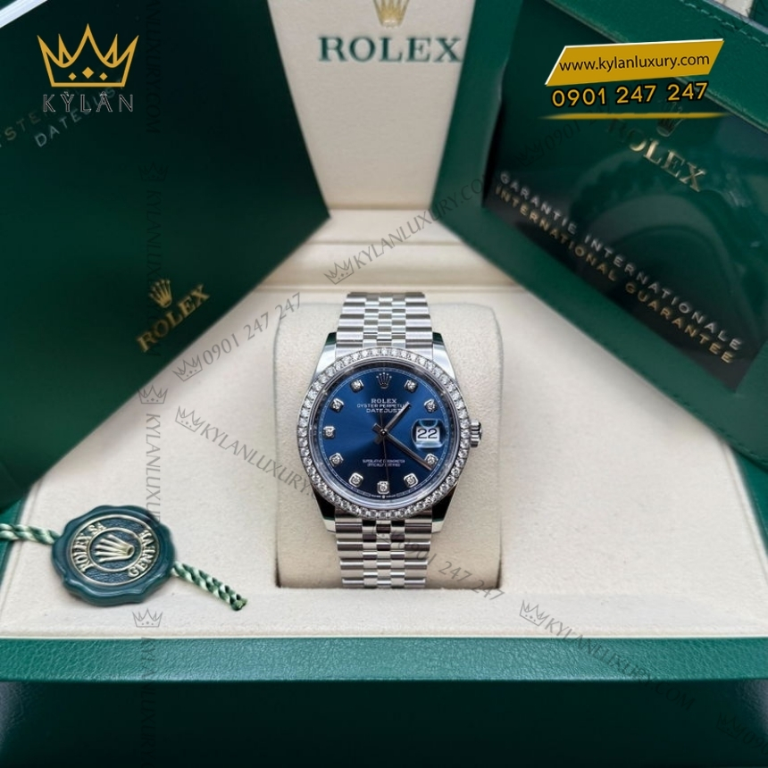 Kỳ Lân Luxury rolex datejust 36 126284rbr 0029 3 Đồng hồ Rolex Datejust 36 xanh dương vành kim cương 126284RBR-0029