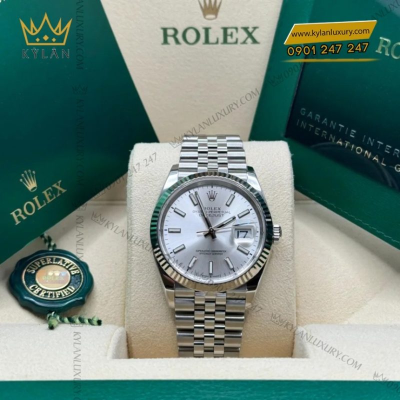 Đồng hồ Rolex Datejust 36 mặt số bạc cọc dạ quang 126234-0013