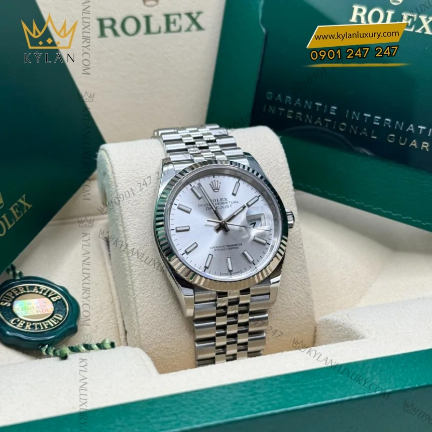 Kỳ Lân Luxury rolex datejust 36 mat so bac 126234 0013 6 Đồng hồ Rolex Datejust 36 mặt số bạc cọc dạ quang 126234-0013