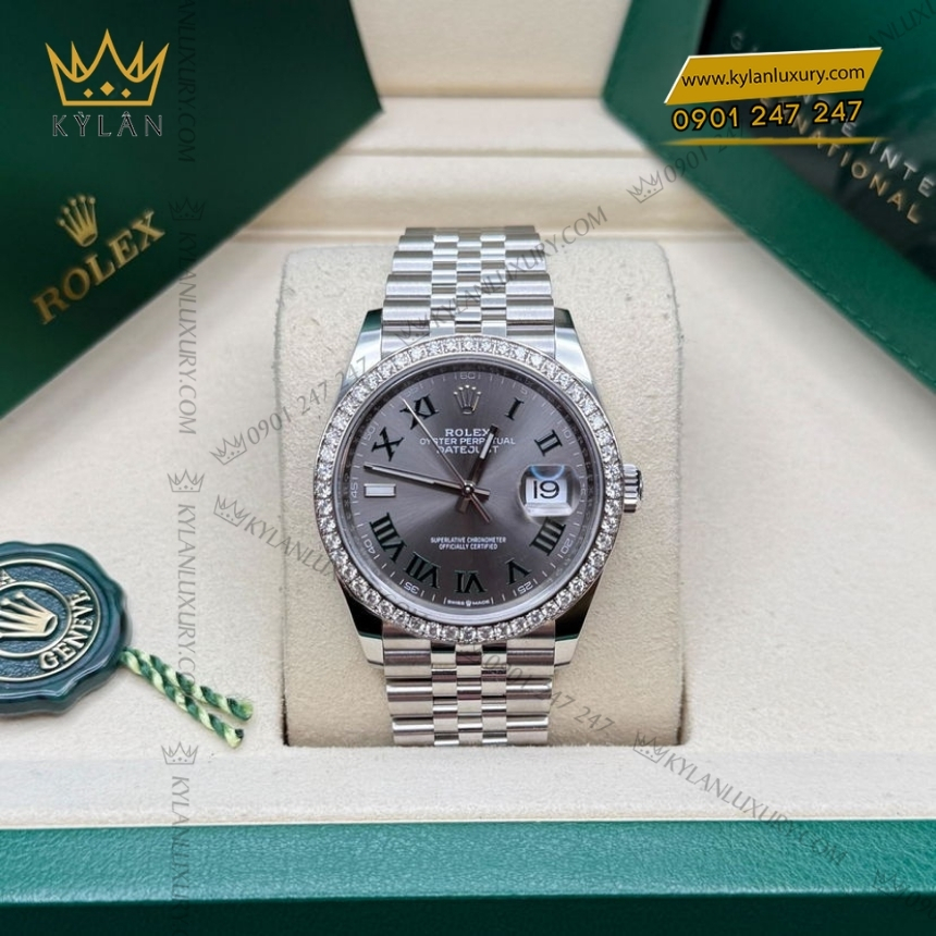 Kỳ Lân Luxury rolex datejust 36 mat xam coc la ma 126284rbr 0037 7 Đồng hồ Rolex Datejust 36 Wimbledon vành kim 126284RBR-0037