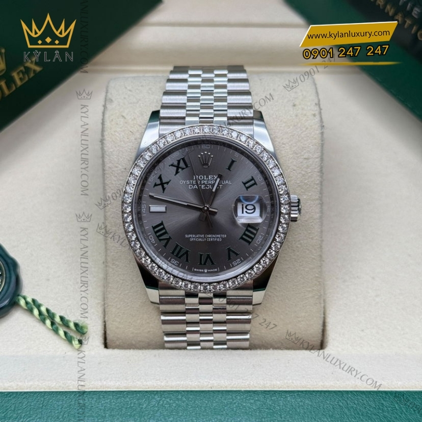 Kỳ Lân Luxury rolex datejust 36 mat xam coc la ma 126284rbr 0037 9 Đồng hồ Rolex Datejust 36 Wimbledon vành kim cương 126284RBR-0037