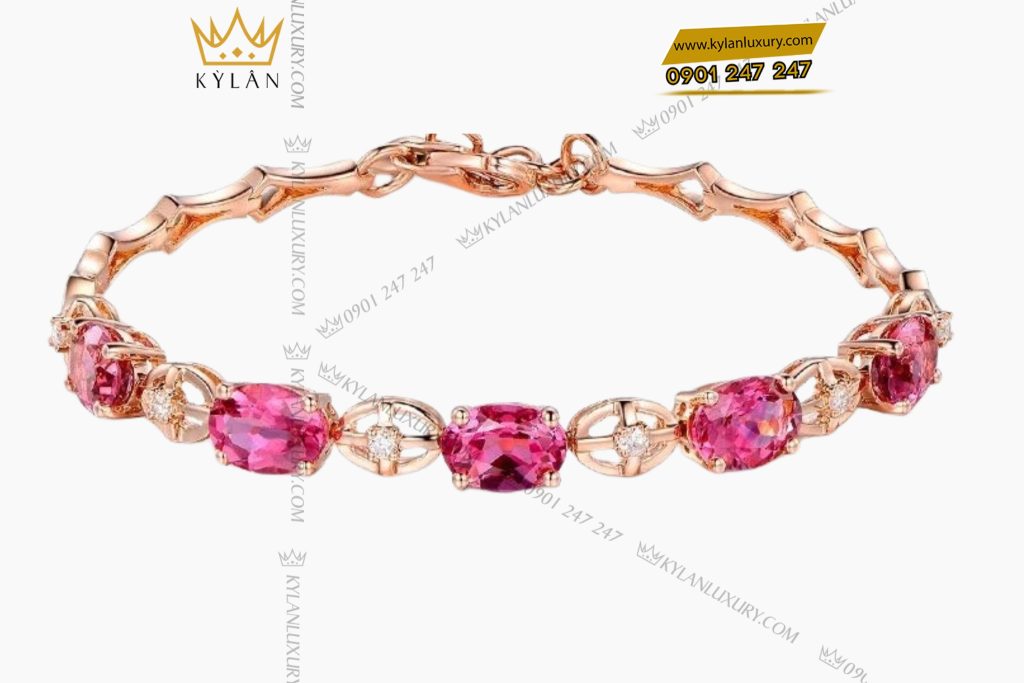 Lắc tay vàng hồng nguyên khối Au750 đính kim cương và đá ruby 