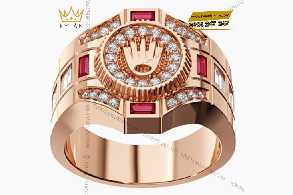 Nhẫn Rolex vàng hồng nguyên khối Au750 đính kim cương và đá ruby đỏ