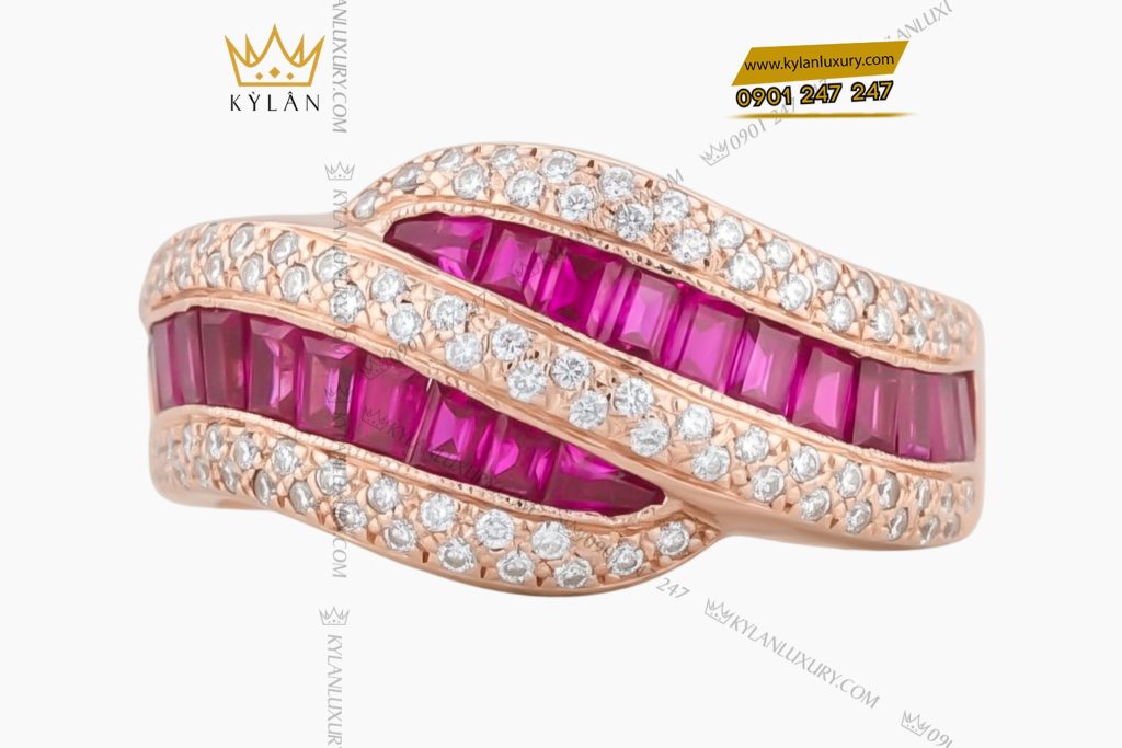 Nhẫn nữ vàng hồng Au750 đính kim cương & ruby hồng