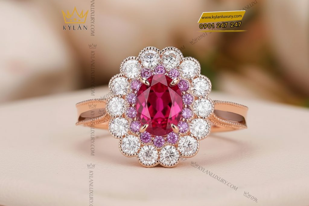 Nhẫn nữ vàng hồng nguyên khối Au750 đính kim cương và đá ruby 