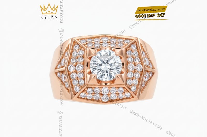 Nhẫn nam vàng hồng nguyên khối Au750 đính kim cương 